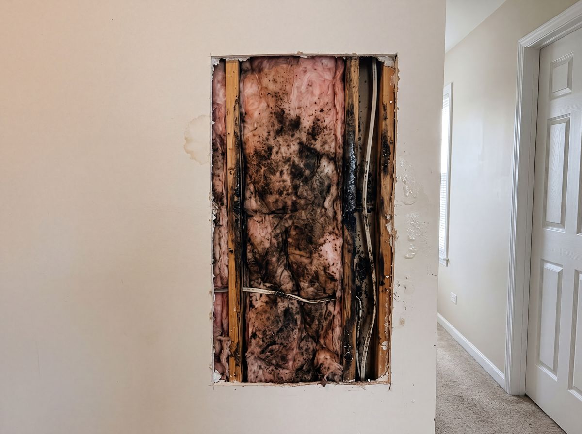 A wall with only a small stain on the surface, cut open to reveal mould and rot spreading across the studs behind it