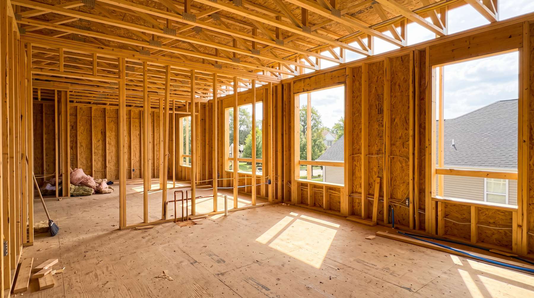 The inside of a suburban house being rebuilt, new timber framing and roof trusses with afternoon sunlight coming through the window openings