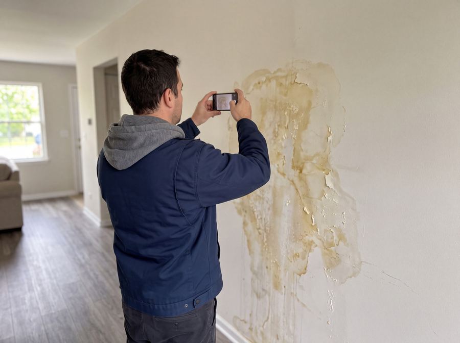 A contractor photographing water damage on a wall with a phone
