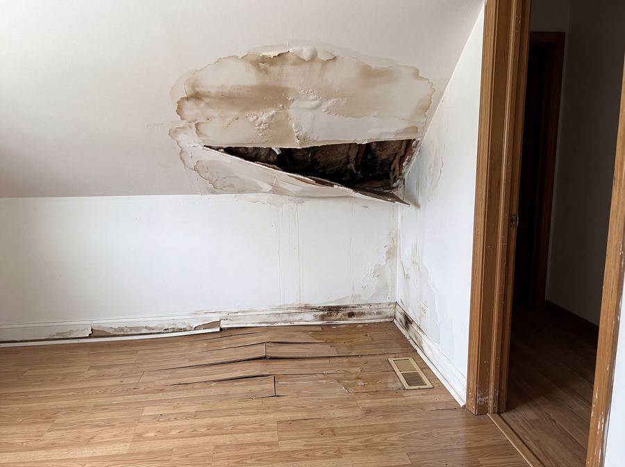 A water stained ceiling with peeling paint above buckled flooring